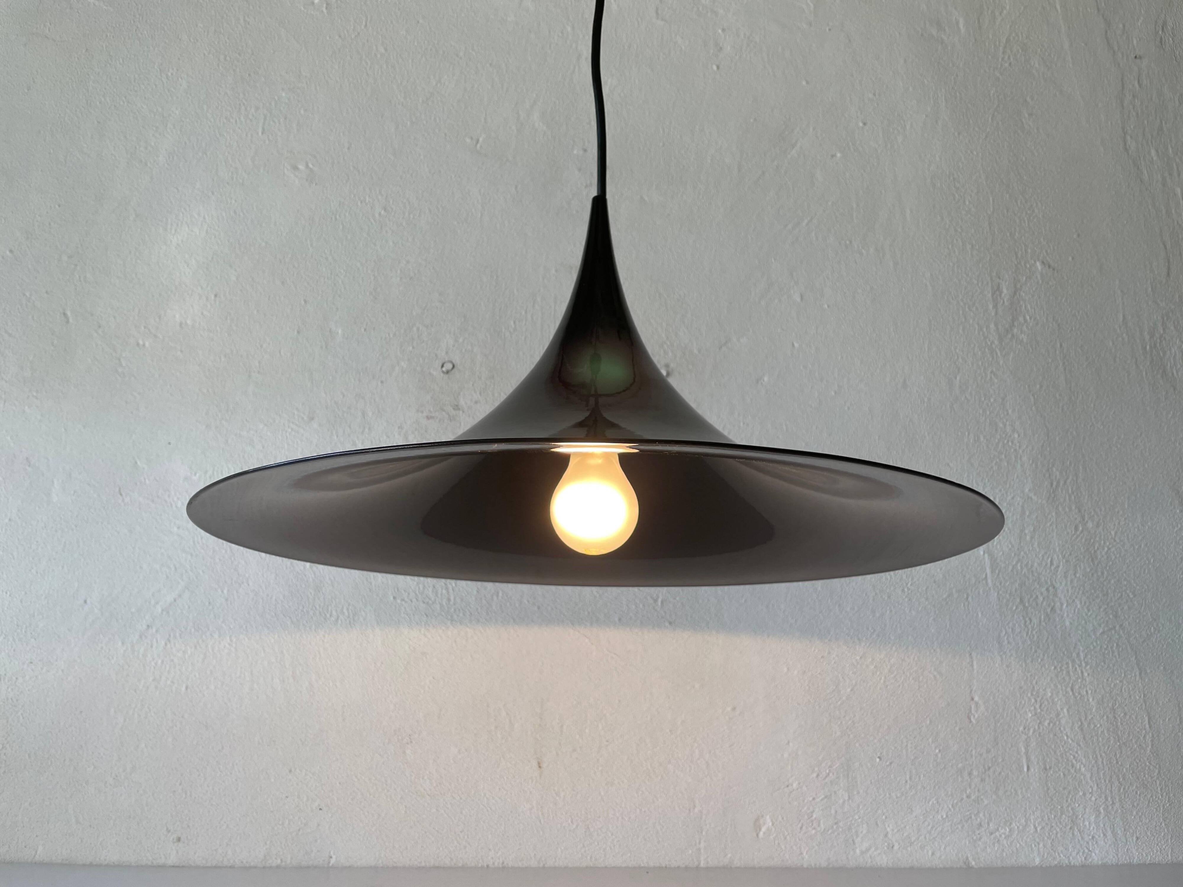 Black metal pendant lamp with trumpet design, 1960s, Italy.