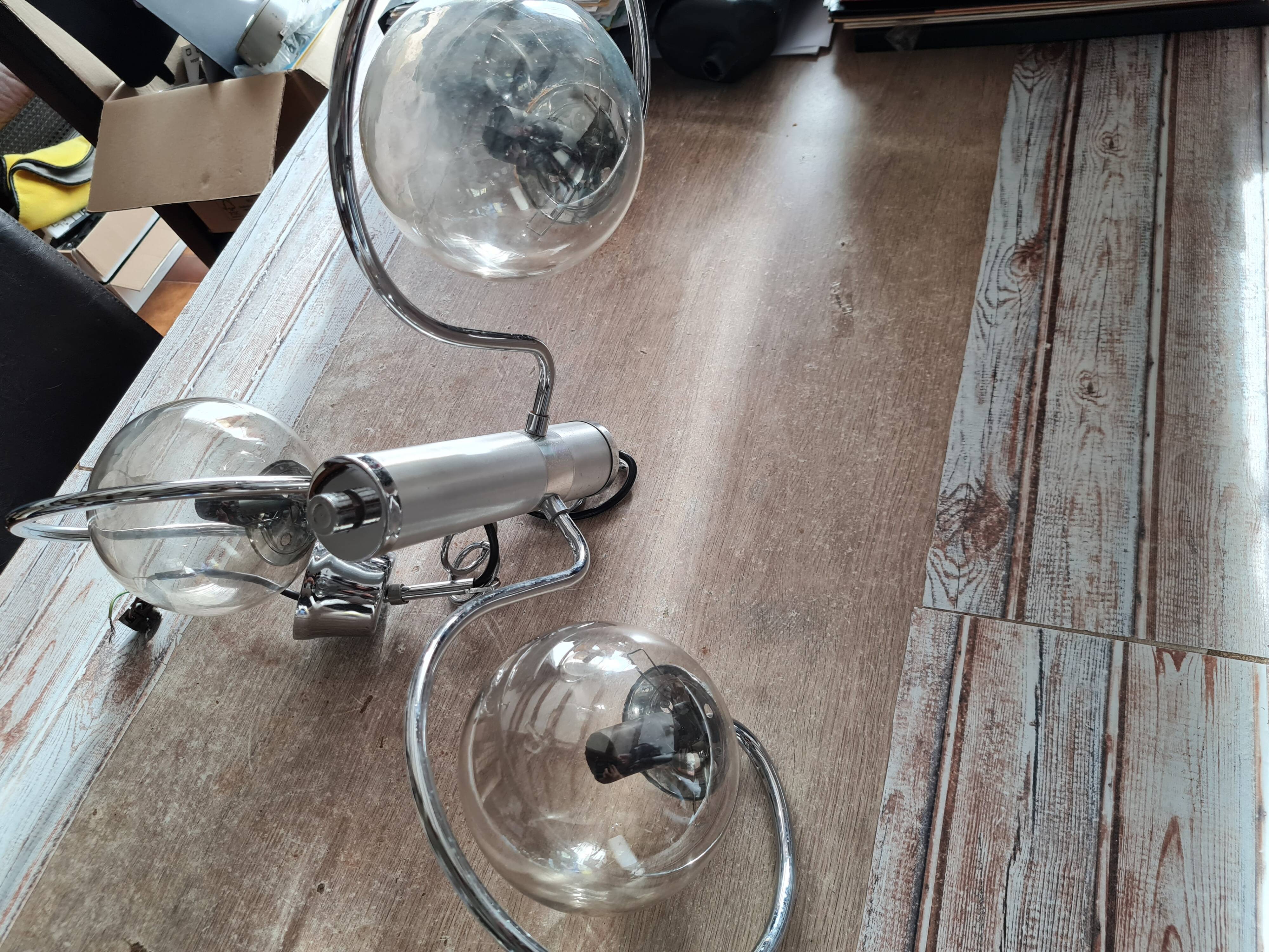 Chandelier with chrome metal frame from the 70s, 3 smoked globes