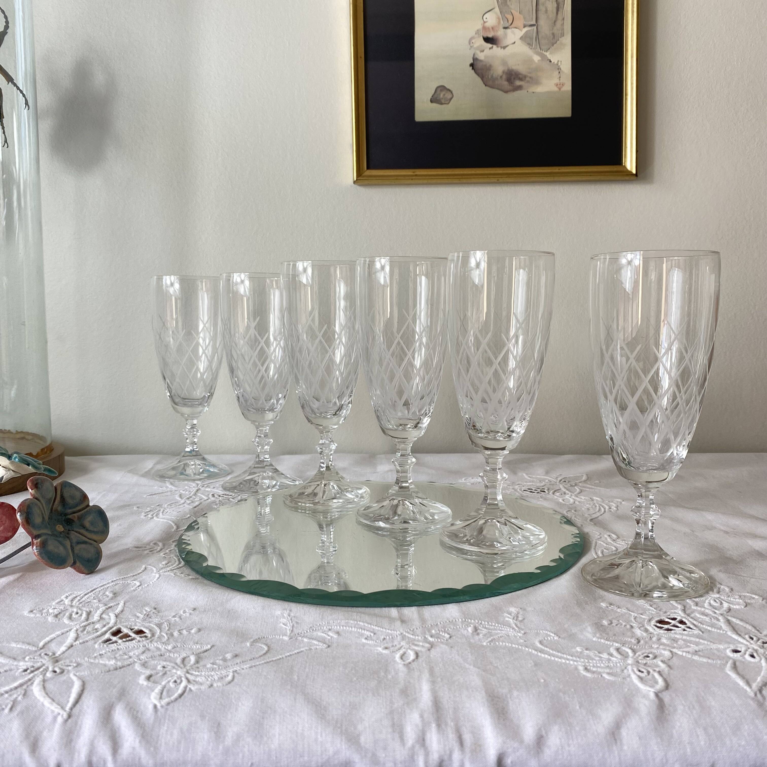 6 engraved antique champagne flutes