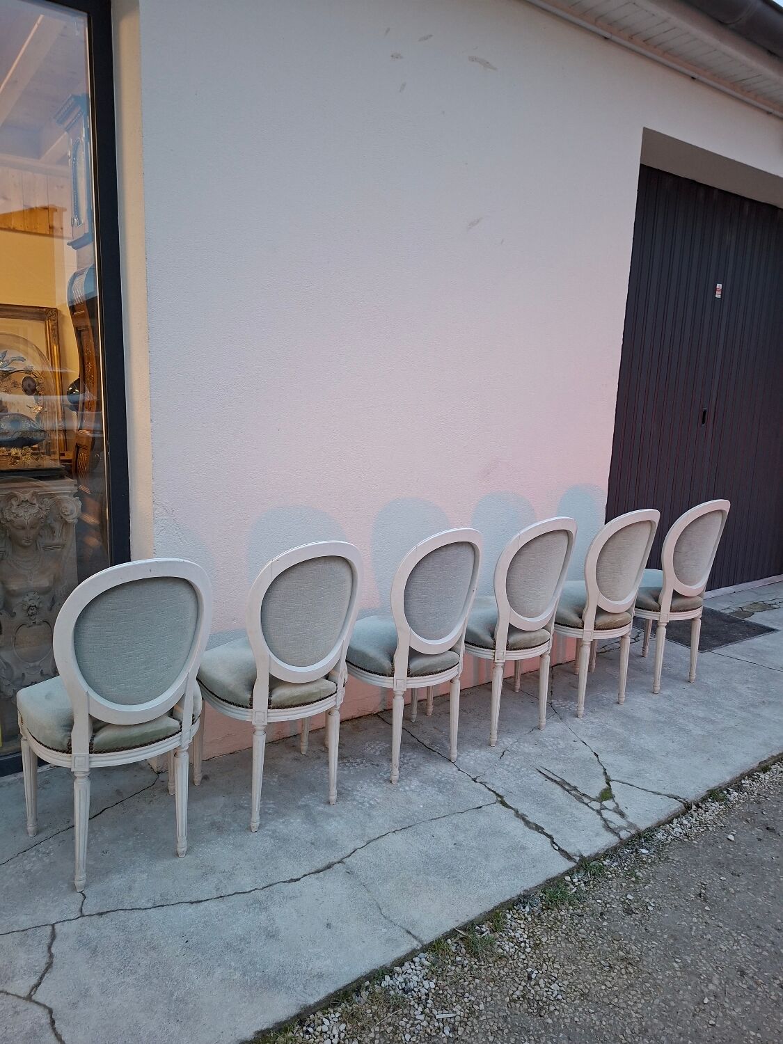 Set of 6 Louis XVI style patinated medallion chairs.