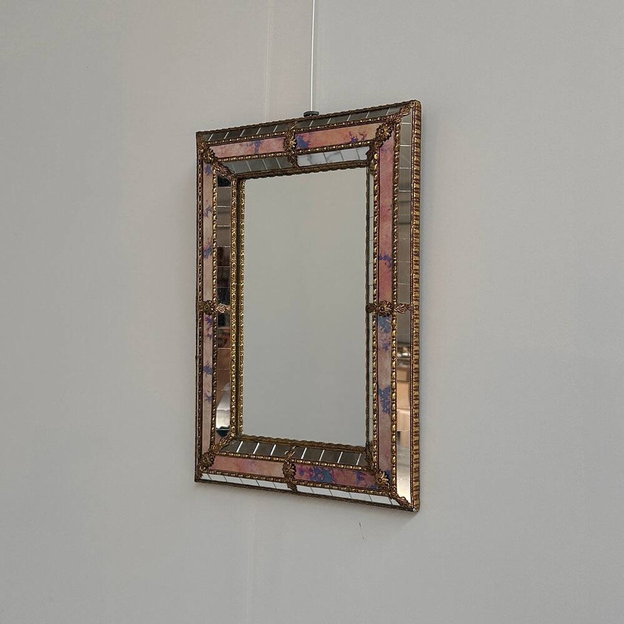 Small Spanish brass & mosaic mirror with stained pink glass, 1980s