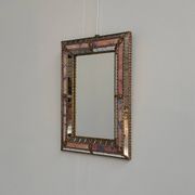 Small Spanish brass & mosaic mirror with stained pink glass, 1980s