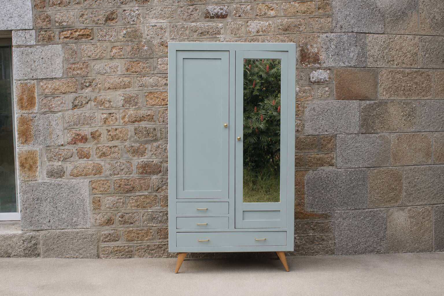 Vintage Parisian wardrobe in sage green – Mirror, hanging space and drawers