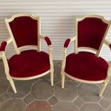 PAIR OF LOUIS XVI STYLE CABRIOLET ARMCHAIRS IN STUDDED RED VELVET FABRIC
