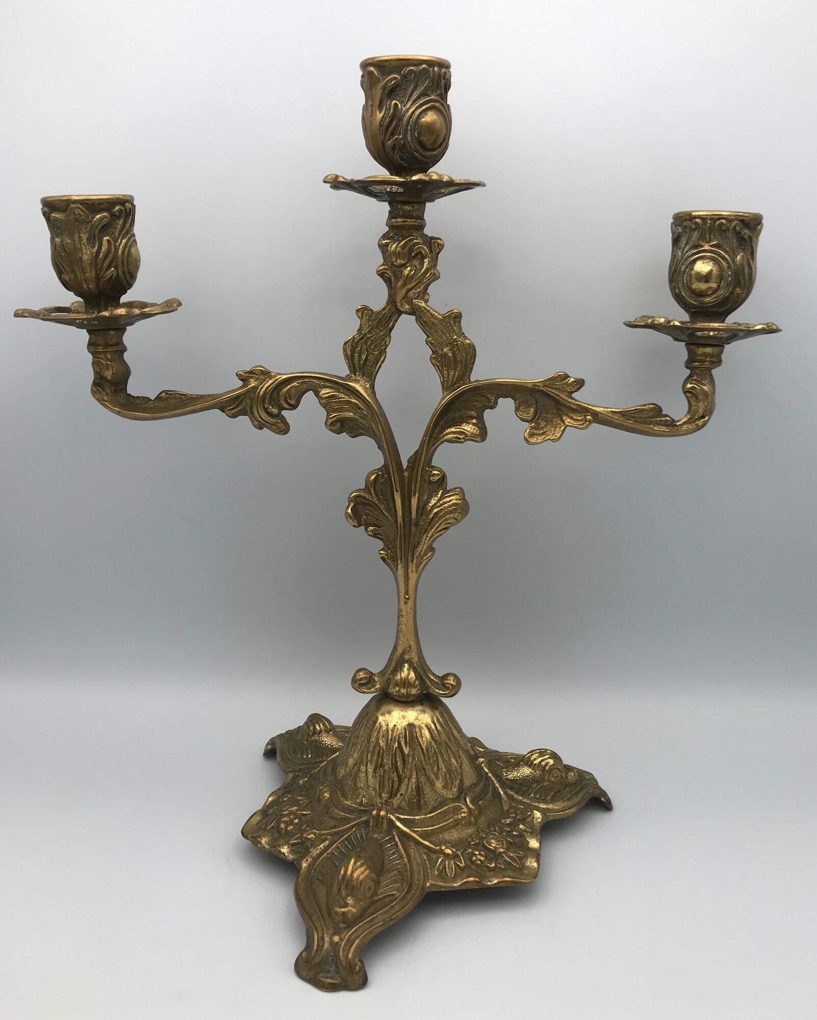 Pair of old candlesticks in bronze 3 lights rocaille style 28,5 cm