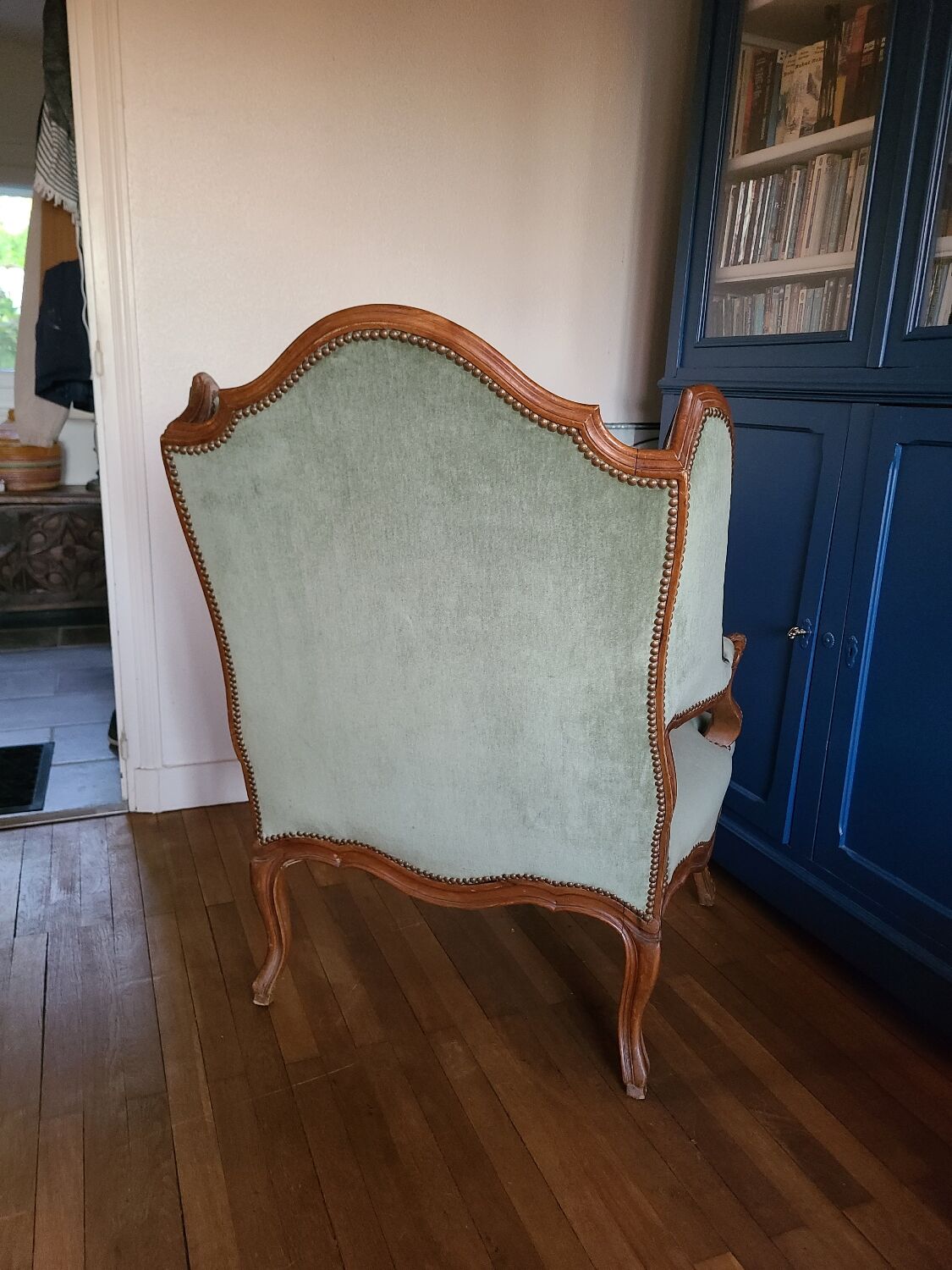 Vintage Louis XV style wing chair, light green velvet