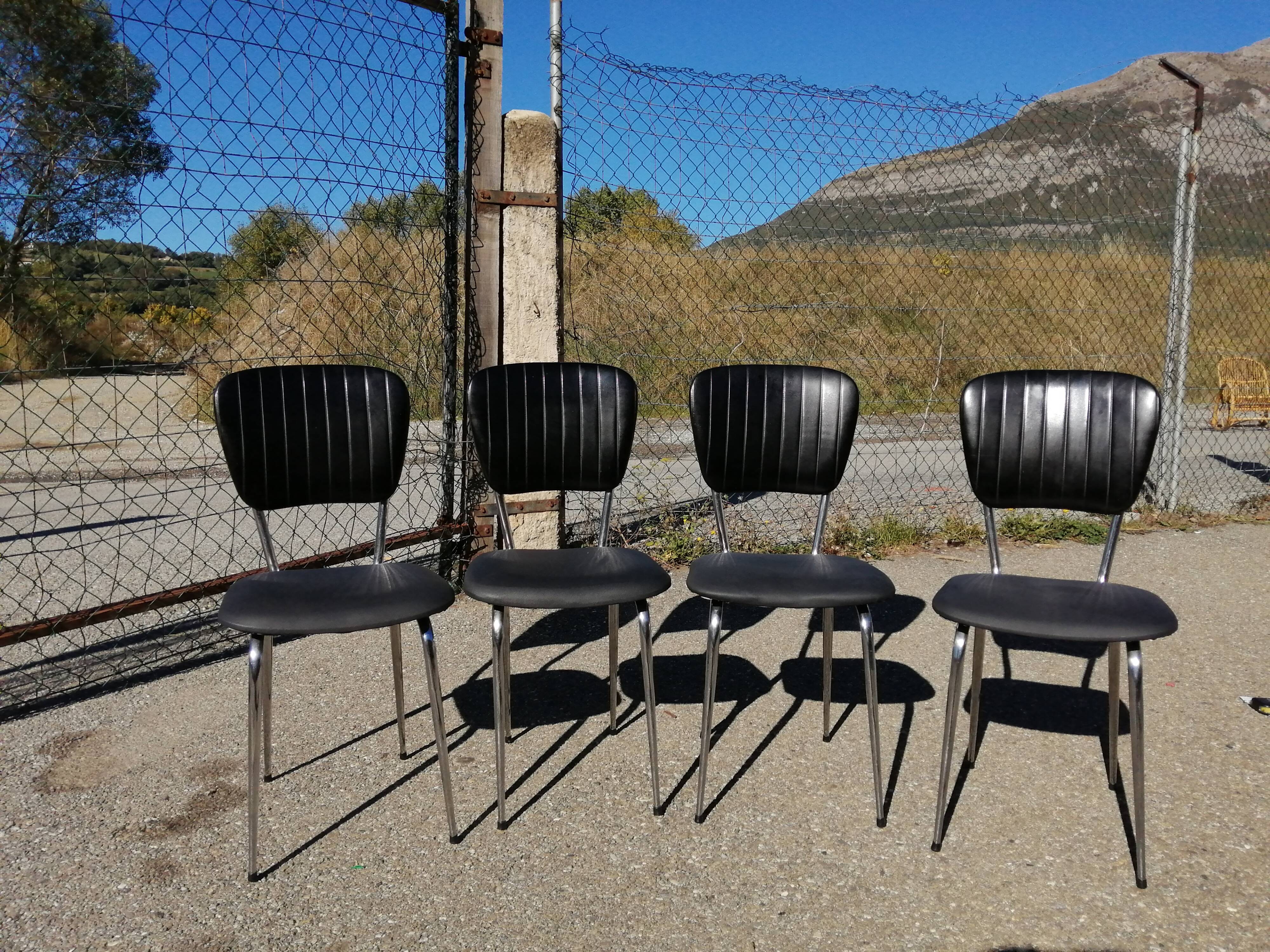 Series of 4 vintage black skai chairs - Vanac Aix
