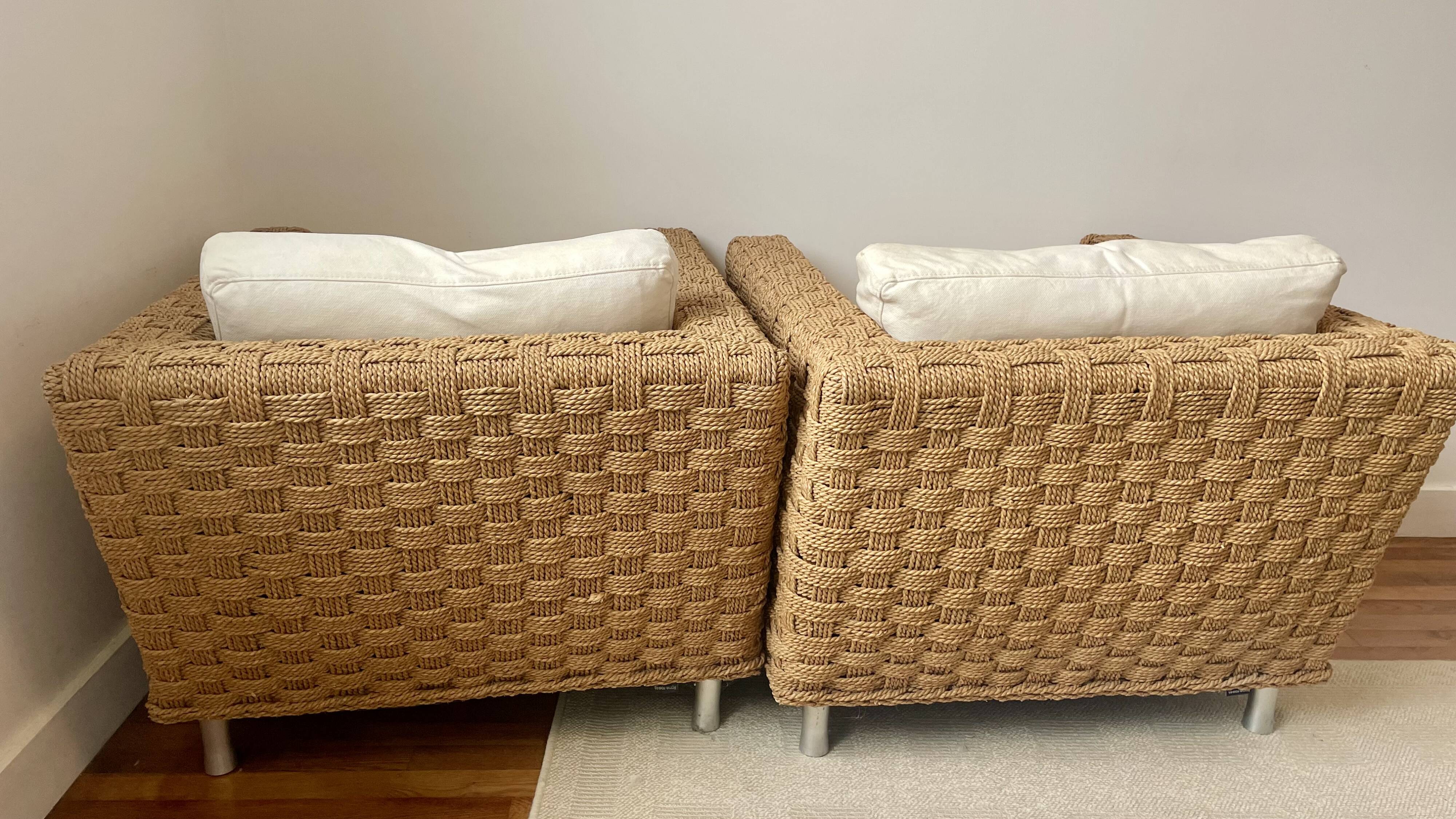 Pair of Ligne Roset Wicky armchairs by Didier Gomez in braided rope.