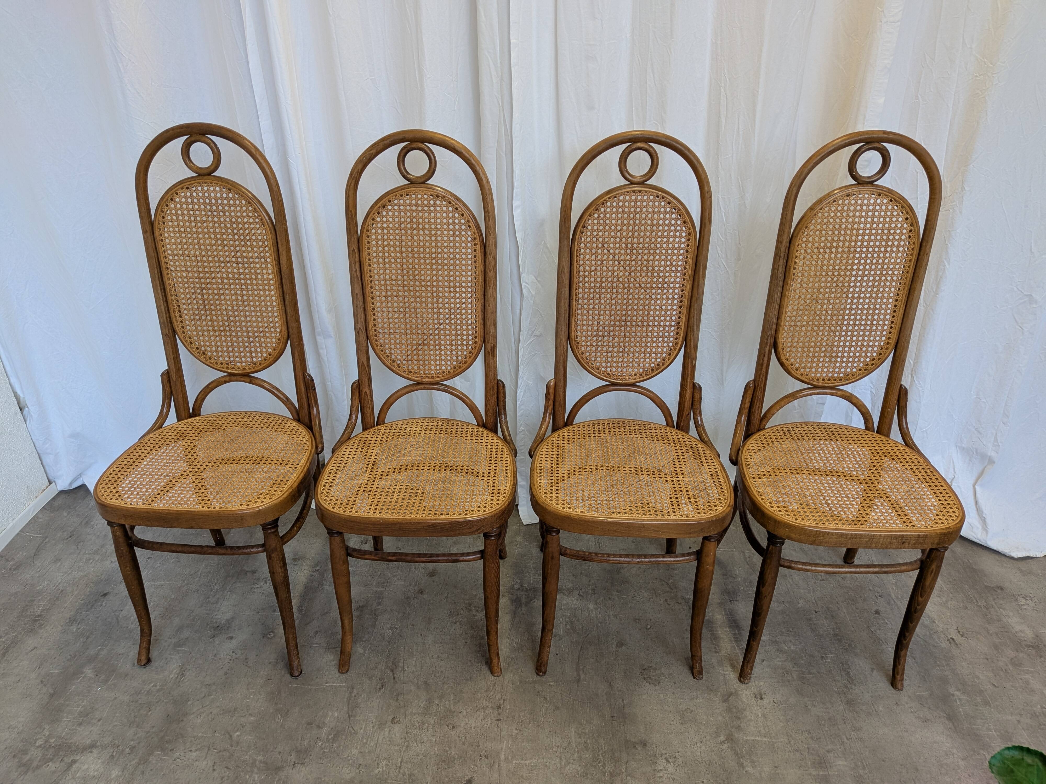 Set of 4 Vintage Bentwood Cane Dining Chair, Thonet Style, 1970s Yugoslavia