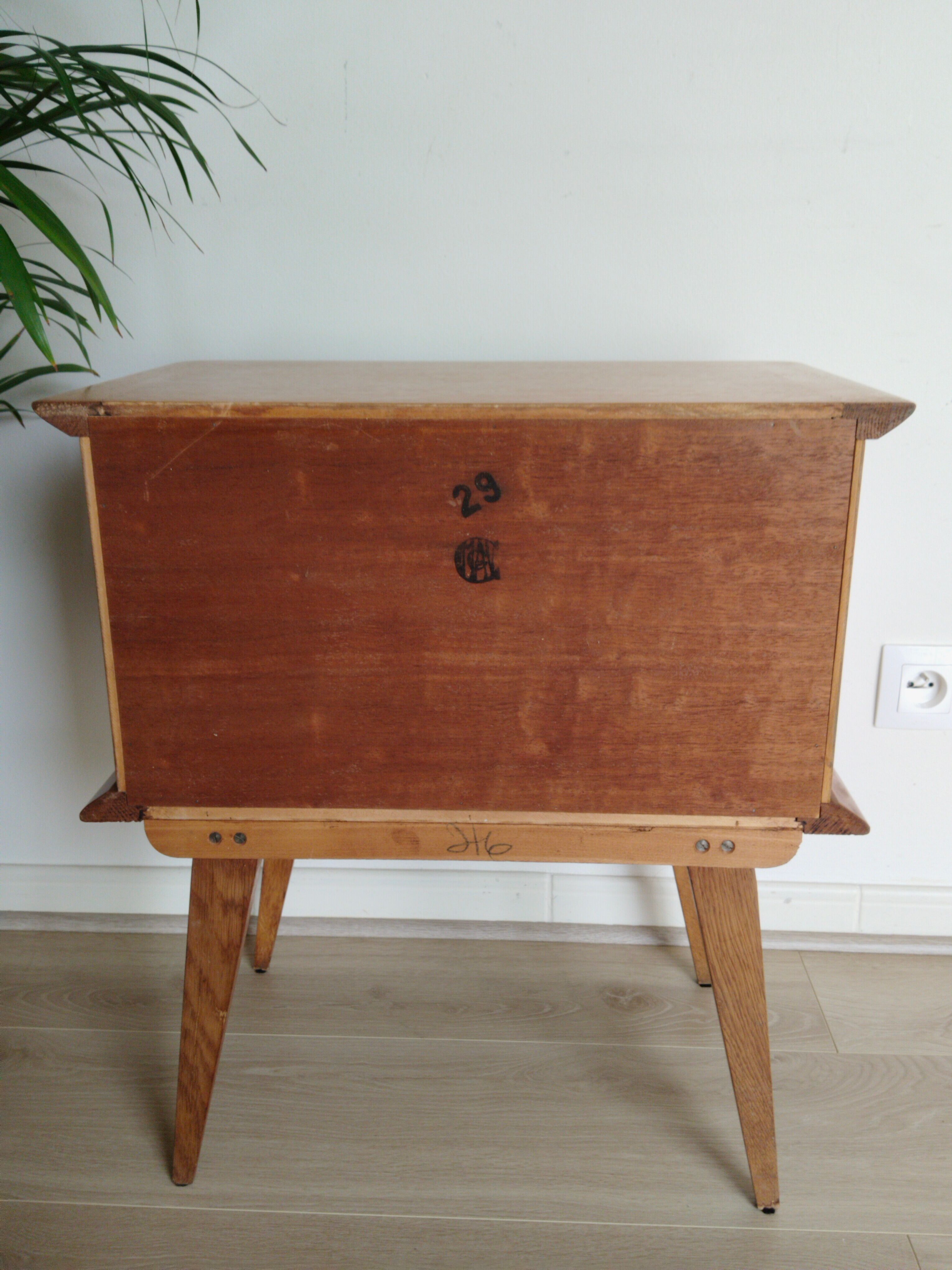 Vintage bedside table, varnish, compass legs, vintage 50s
