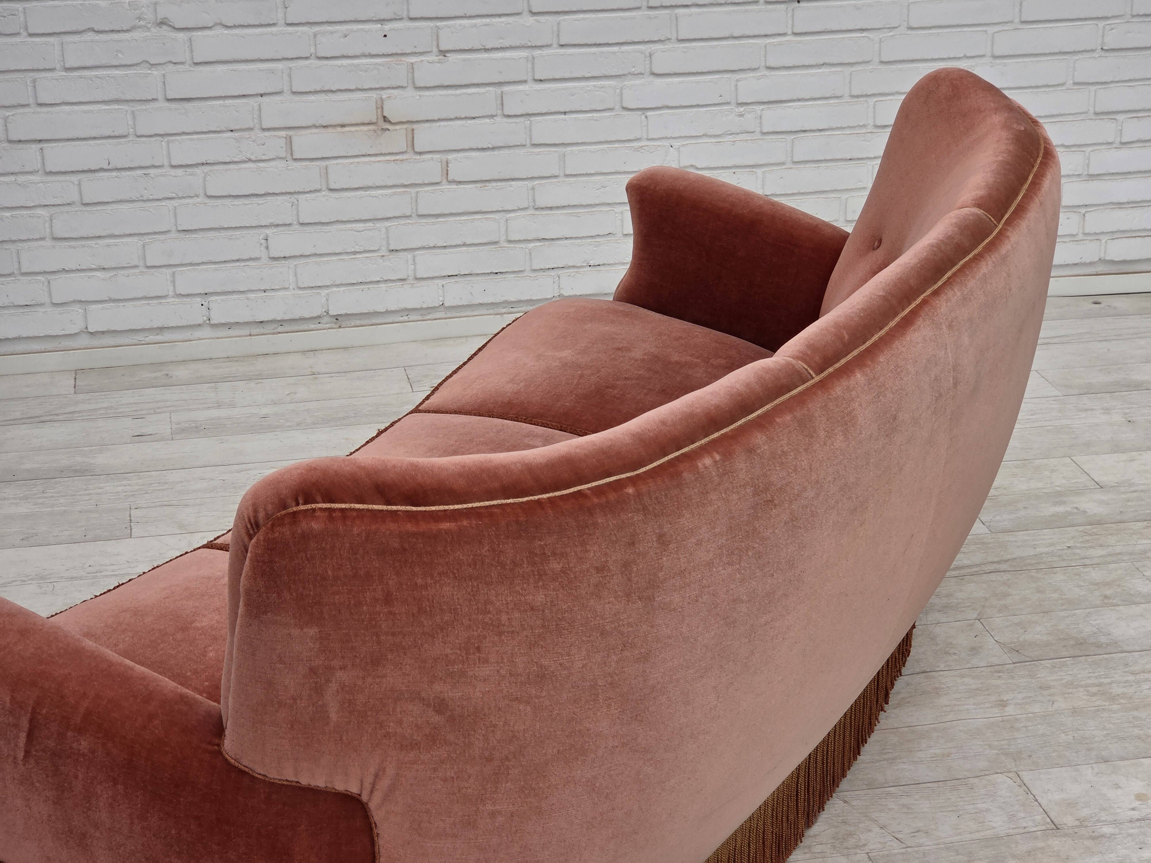1970s, 3-seater Danish curved sofa, pink furniture velour.