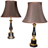 20th Century French Black Enamel Tole and Gilt Bronze Table Lamps with Silk Shade, Set of 2