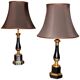 Lampes de table en tôle émaillée noire et bronze doré du 20e siècle avec abat-jour en soie, ensemble de 2.
