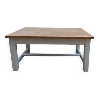 Coffee table made from a vintage farmhouse table, grey legs.