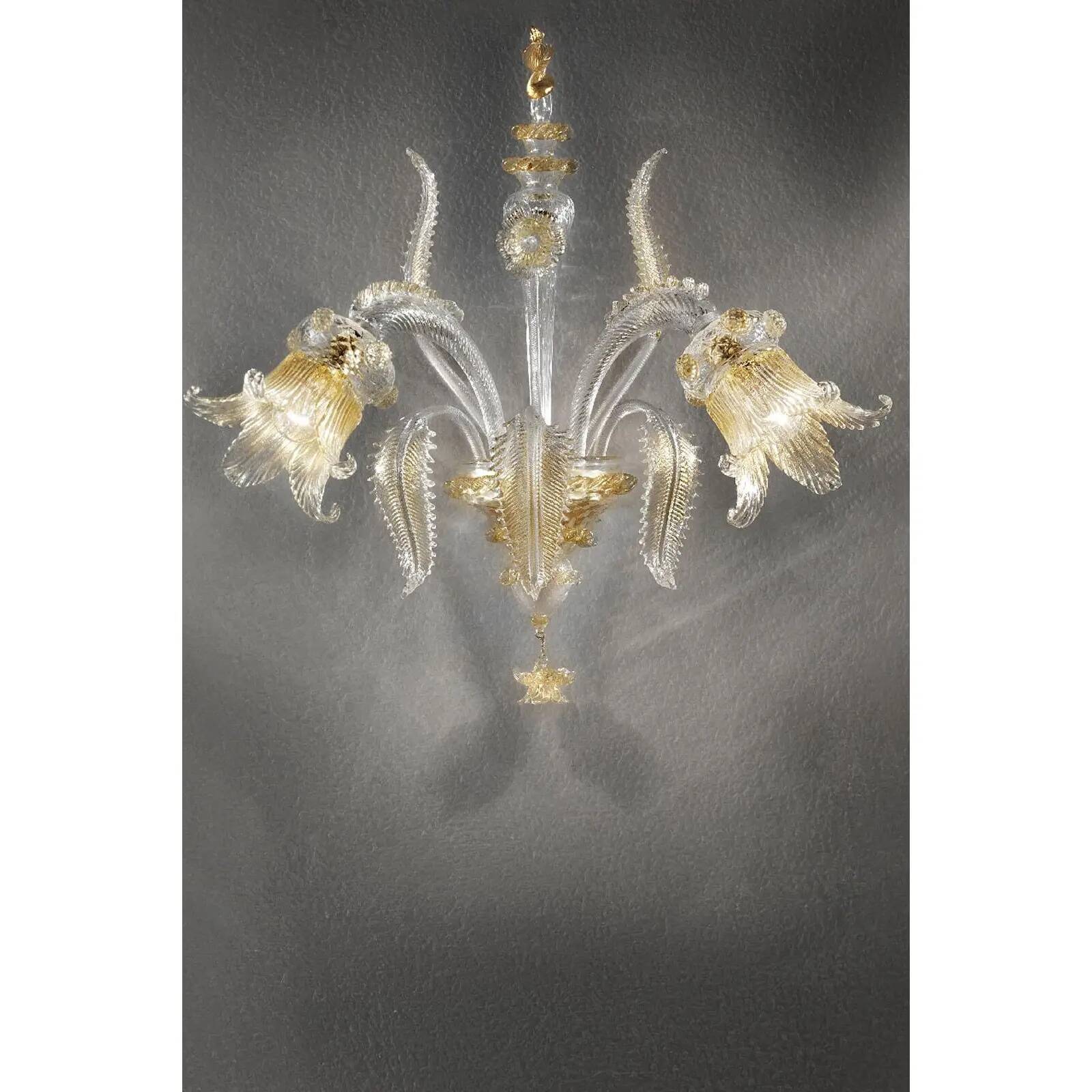 Luxury Italian Clear and Gold-Leaf Wall Sconce R With Flowers and Leaves Mu