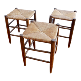 Set of 3 neo-rustic straw and wood stools