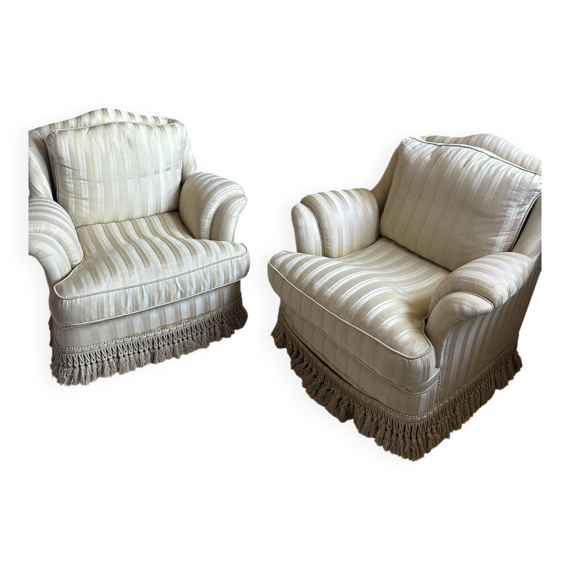 Pair of vintage bergère armchairs in striped ecru and beige fabric.