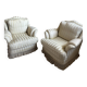 Pair of vintage bergère armchairs in striped ecru and beige fabric.
