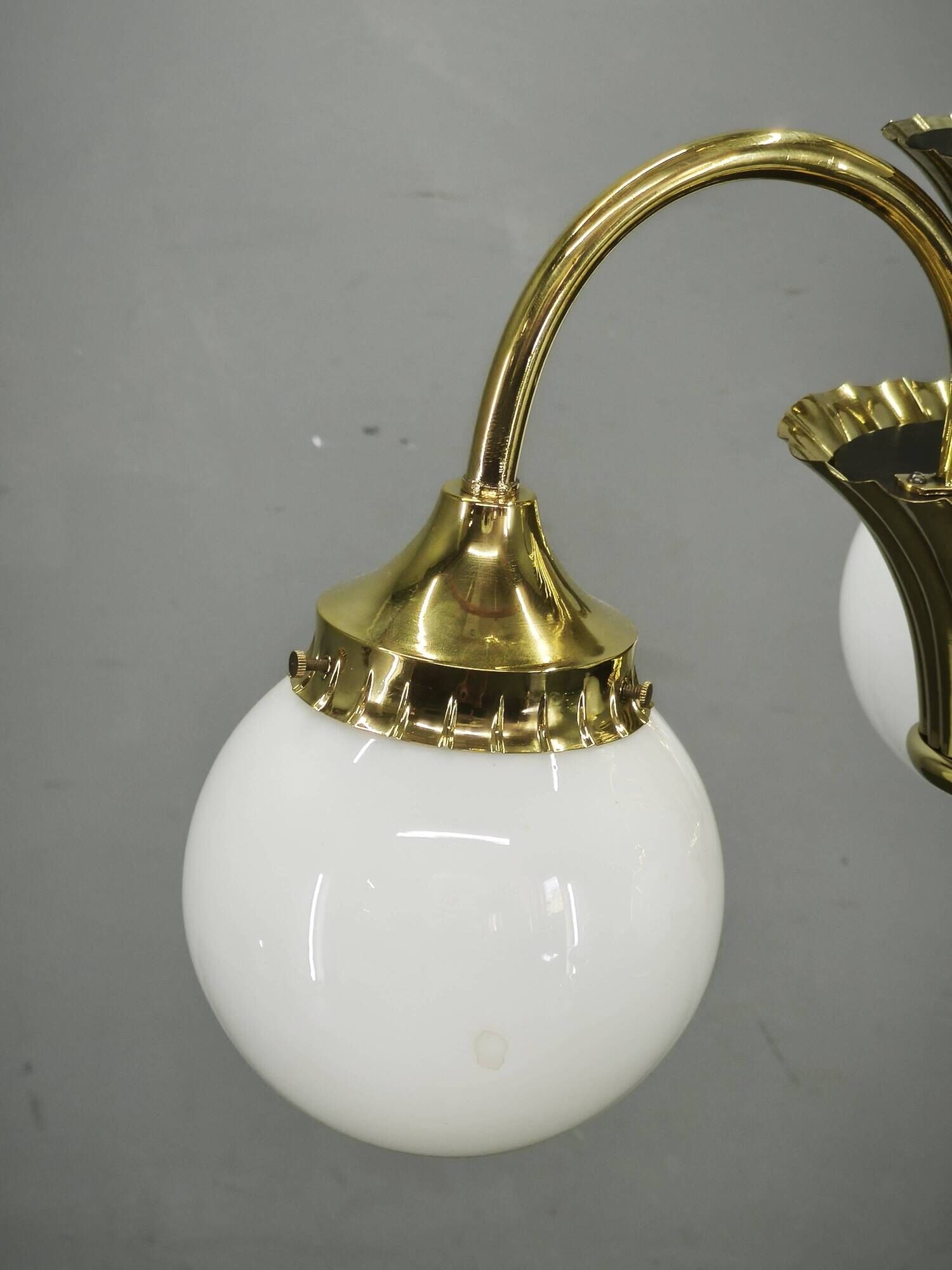 1930s Czechoslovak Art Deco Brass and Opaline Glass Chandelier