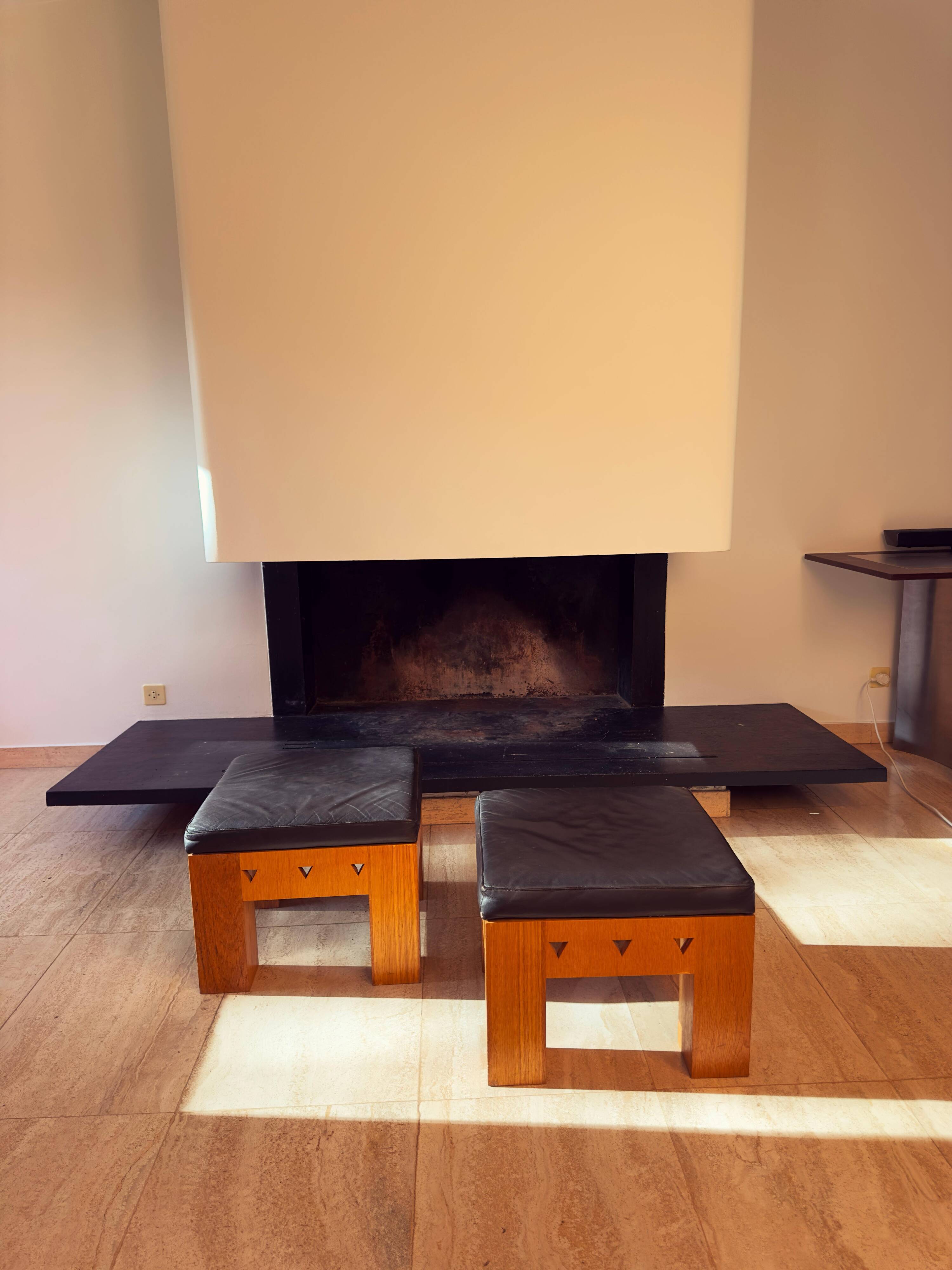 Pair of Low Wooden Stools with Leather Seats, 1970s