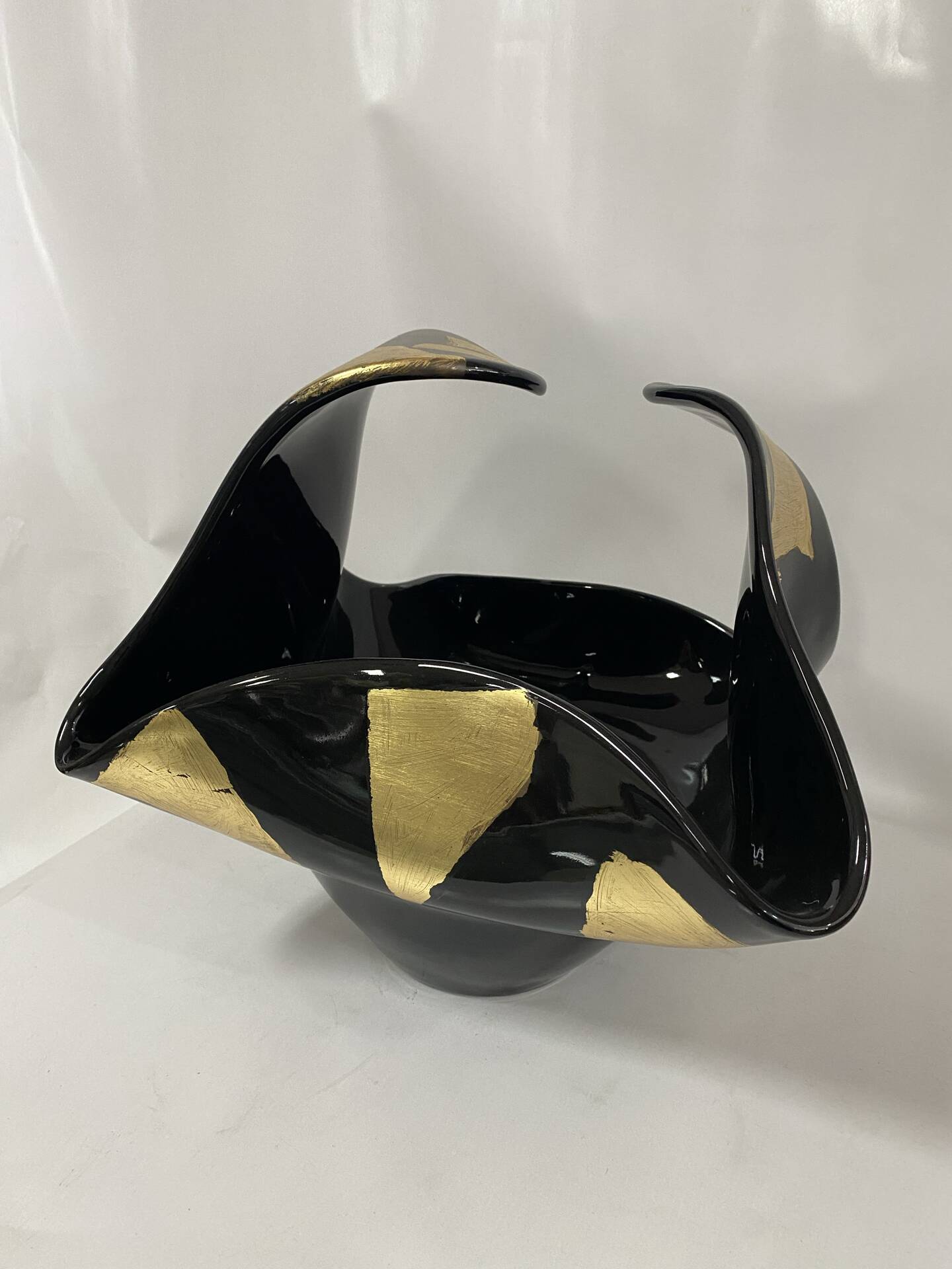 Black Murano-Style Art Glass Centerpiece Bowl with Gold Leaf Accents