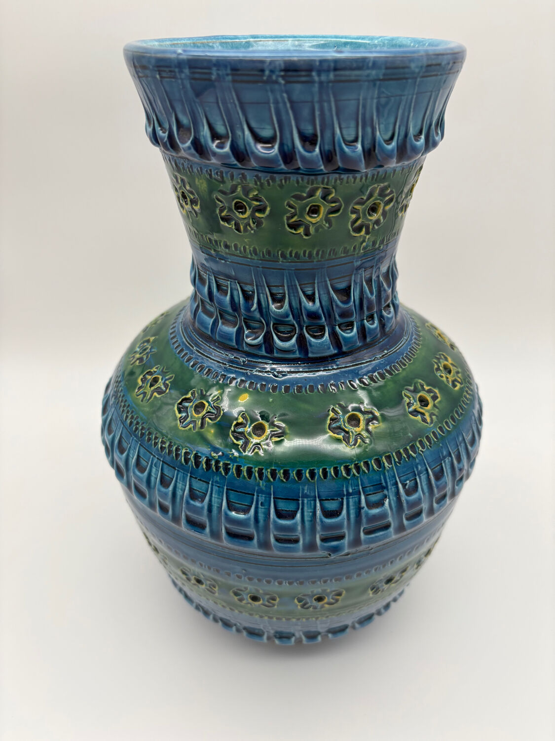 Aldo Londi vase, Rimini Blue, blue-green glazed ceramic, Bitossi, 1960