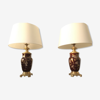 Paire de lampes de salon bronze doré faïence design xixe art nouveau