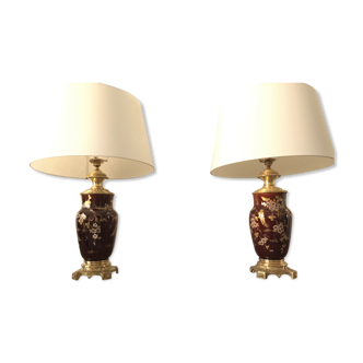 ELEGANT PAIR OF LIVING ROOM LAMPS GILDED BRONZE EARTHENWARE DESIGN NINETEENTH ART NOUVEAU