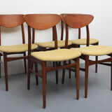 Set of 5 chairs in teak, yellow fabric
