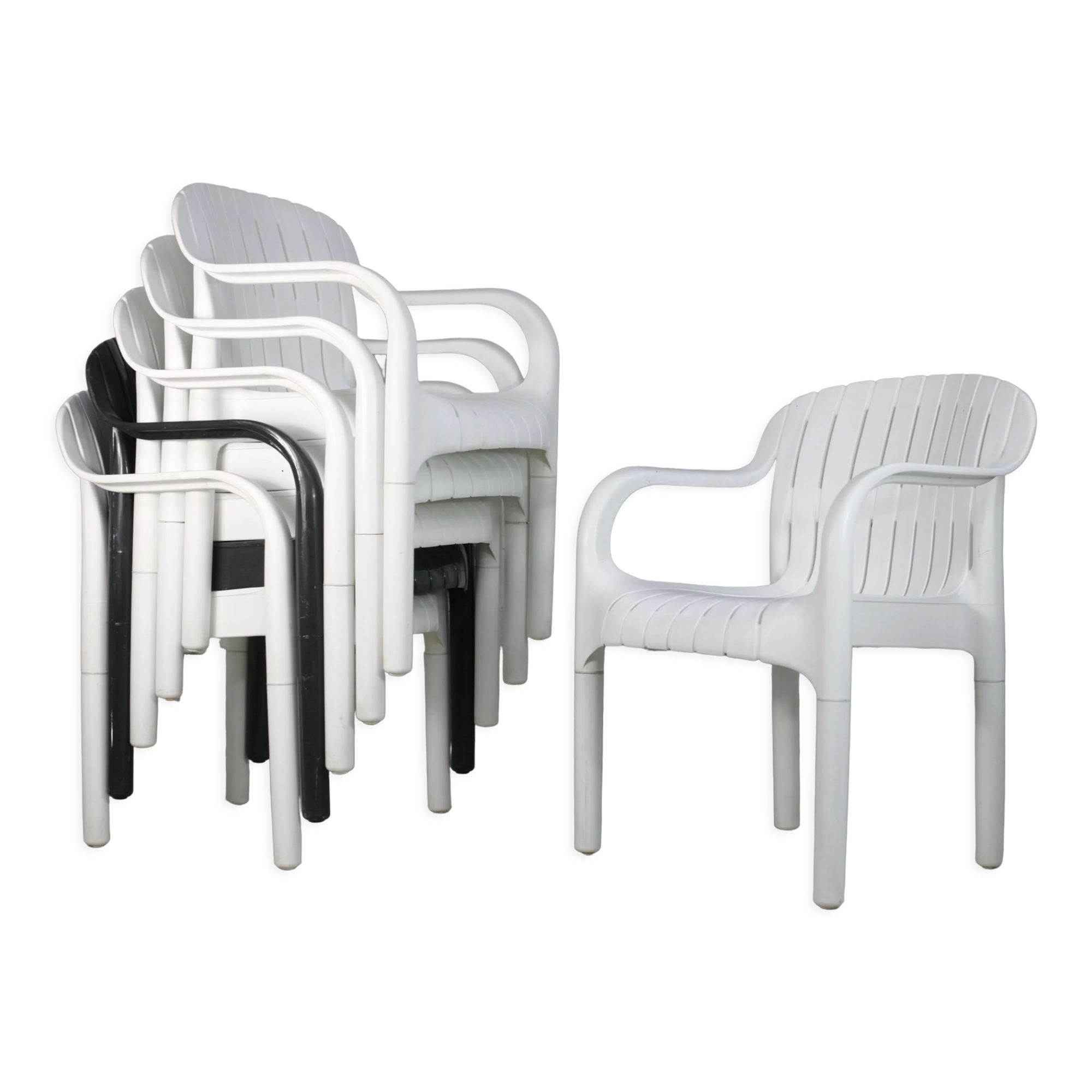 Pierre Paulin set of 6 outdoor armchairs "Dangari", Allibert. Plastic. France, 1980