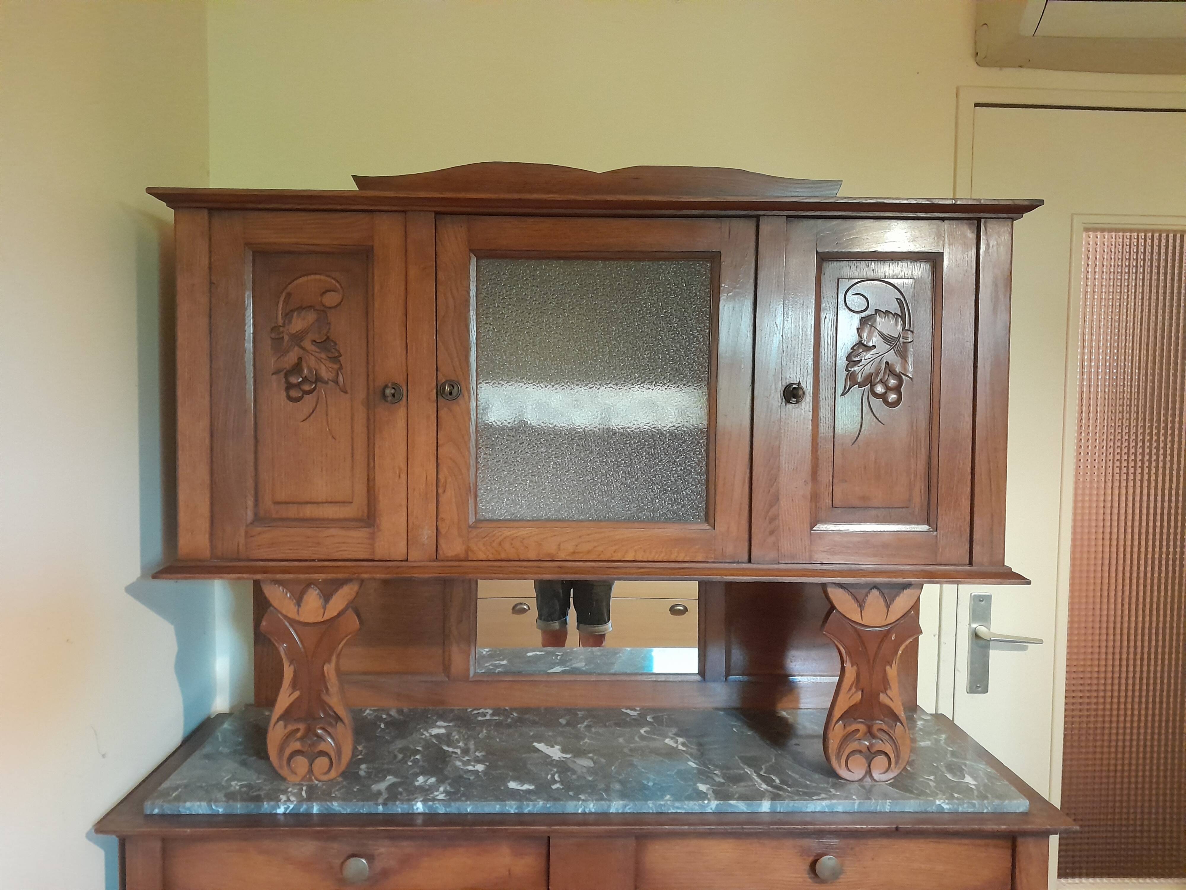 Antique two-body buffet in carved wood - marble top - very good condition