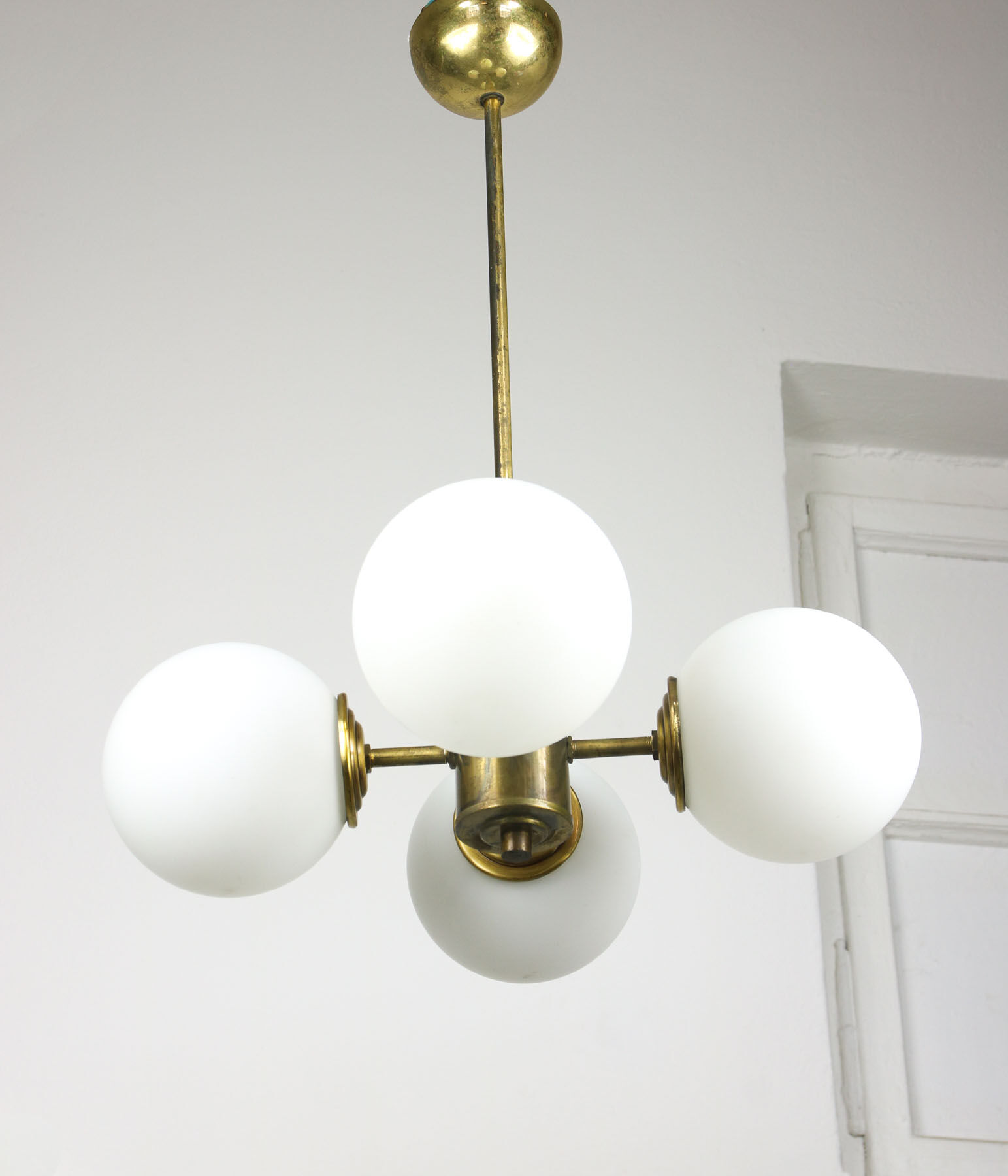 Mid-century Brass and Opaline Chandelier