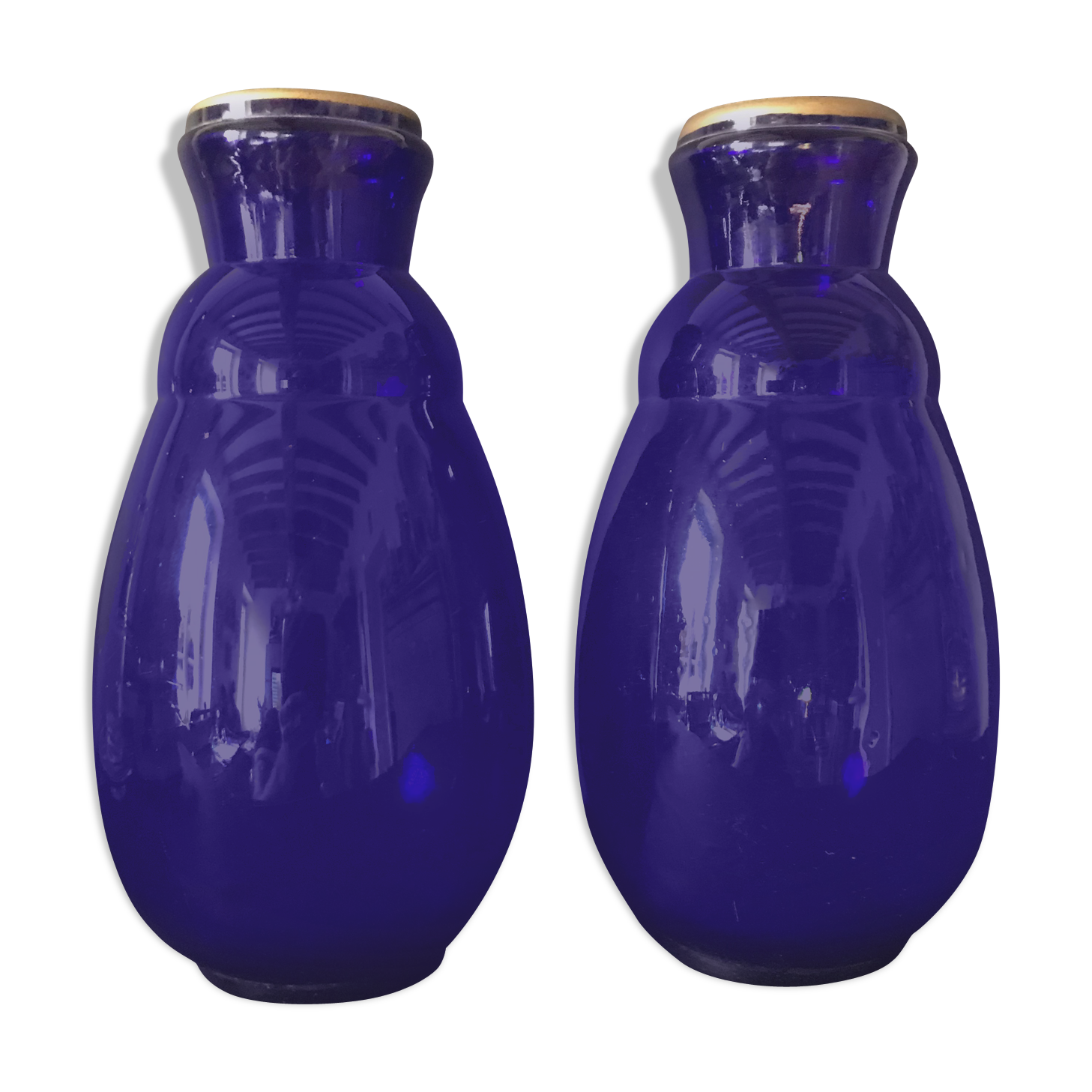 Pair of hand-painted cobalt blue glass vases
