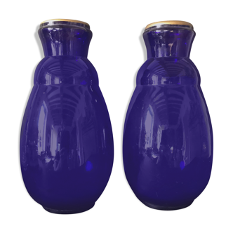 Pair of hand-painted cobalt blue glass vases