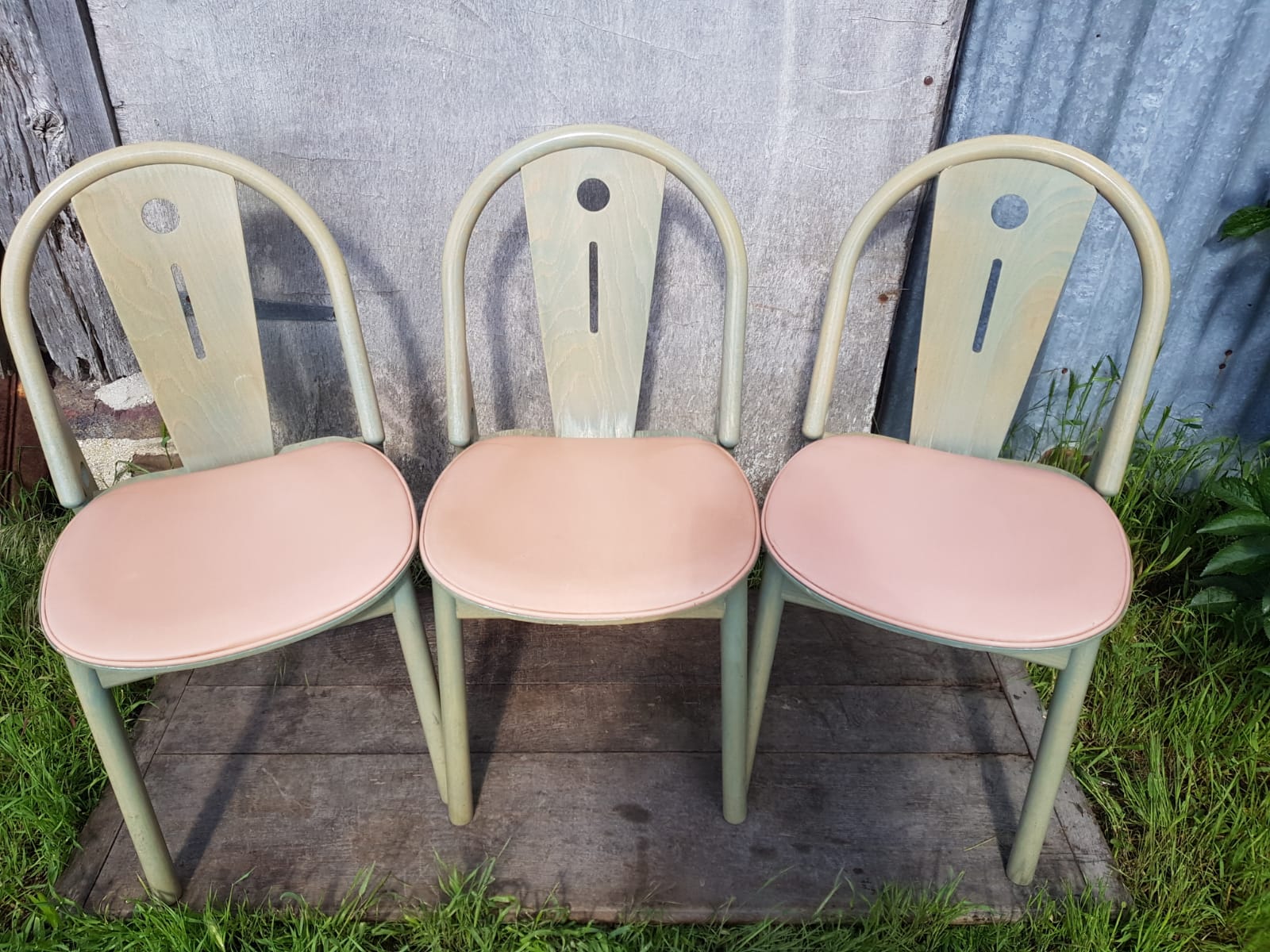 Série de 6 chaises Baumann bois vert avec assise galette clair années 80 vintage