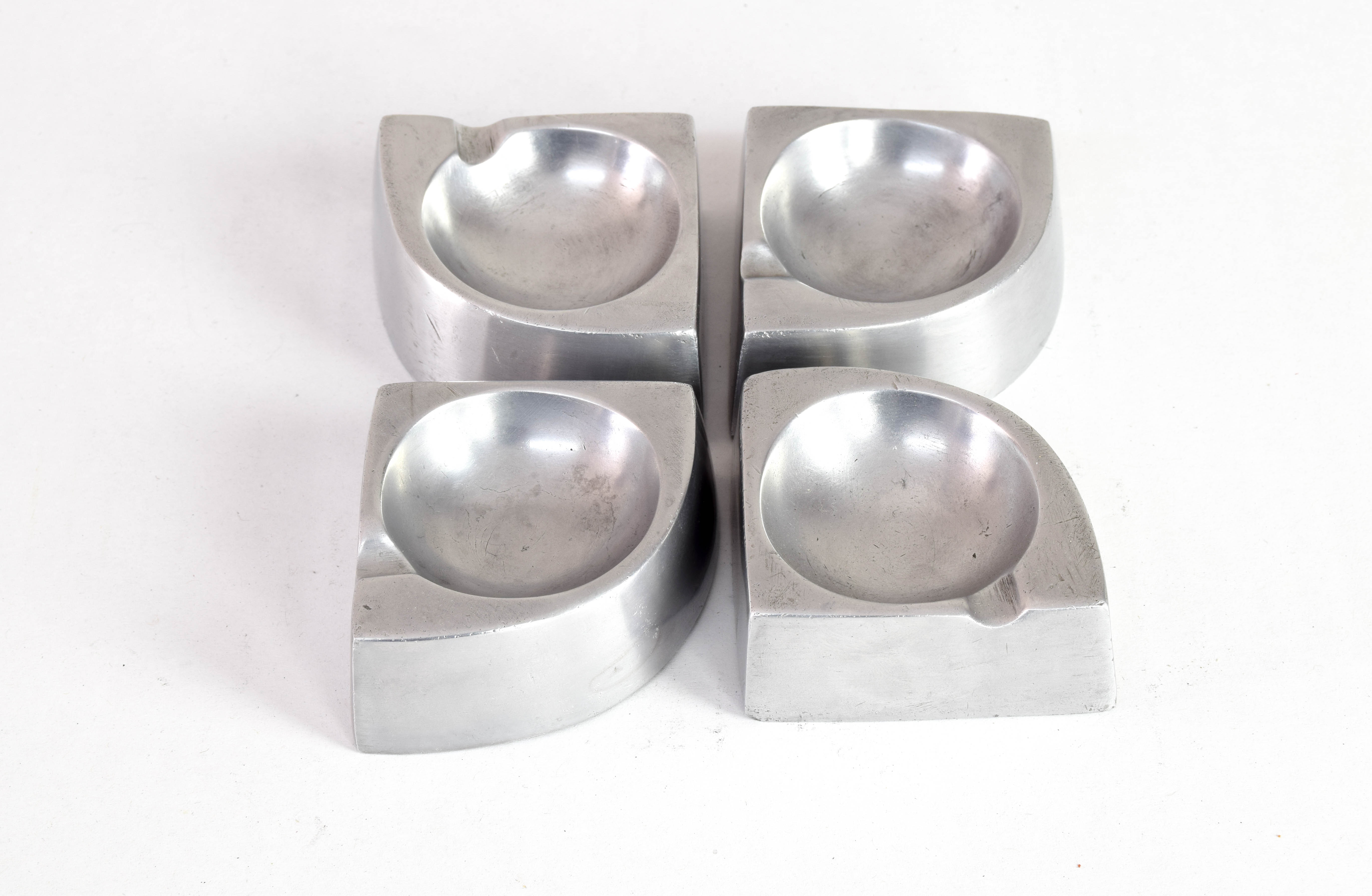 Mid Century Scandinavian Modern Handcrafted Aluminum Four Piece Ashtray, 1960