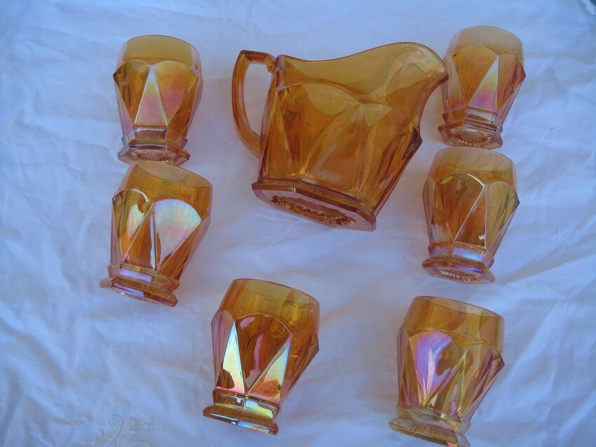 Old orange service pitcher & 6 glasses