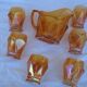 Old orange service pitcher & 6 glasses