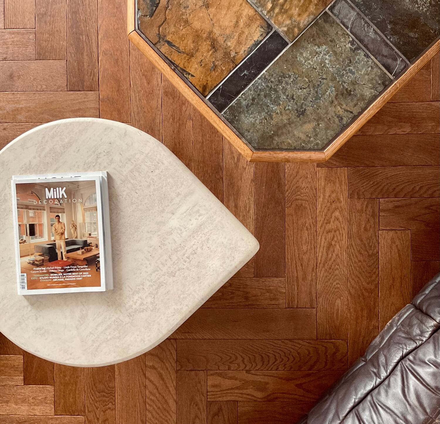 Vintage oak and slate coffee table