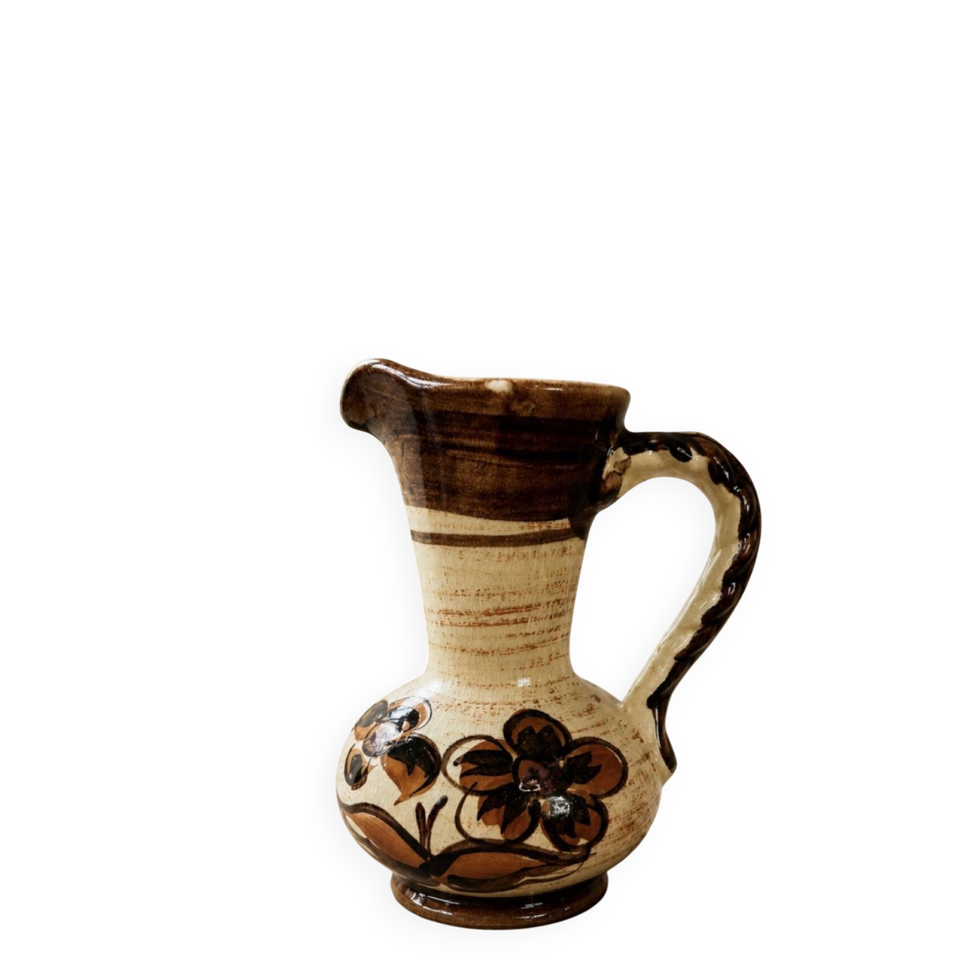 Pichet ancien en céramique émaillée – Décor floral