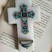 Croix Bénitier en Onyx et émail cloisonné
