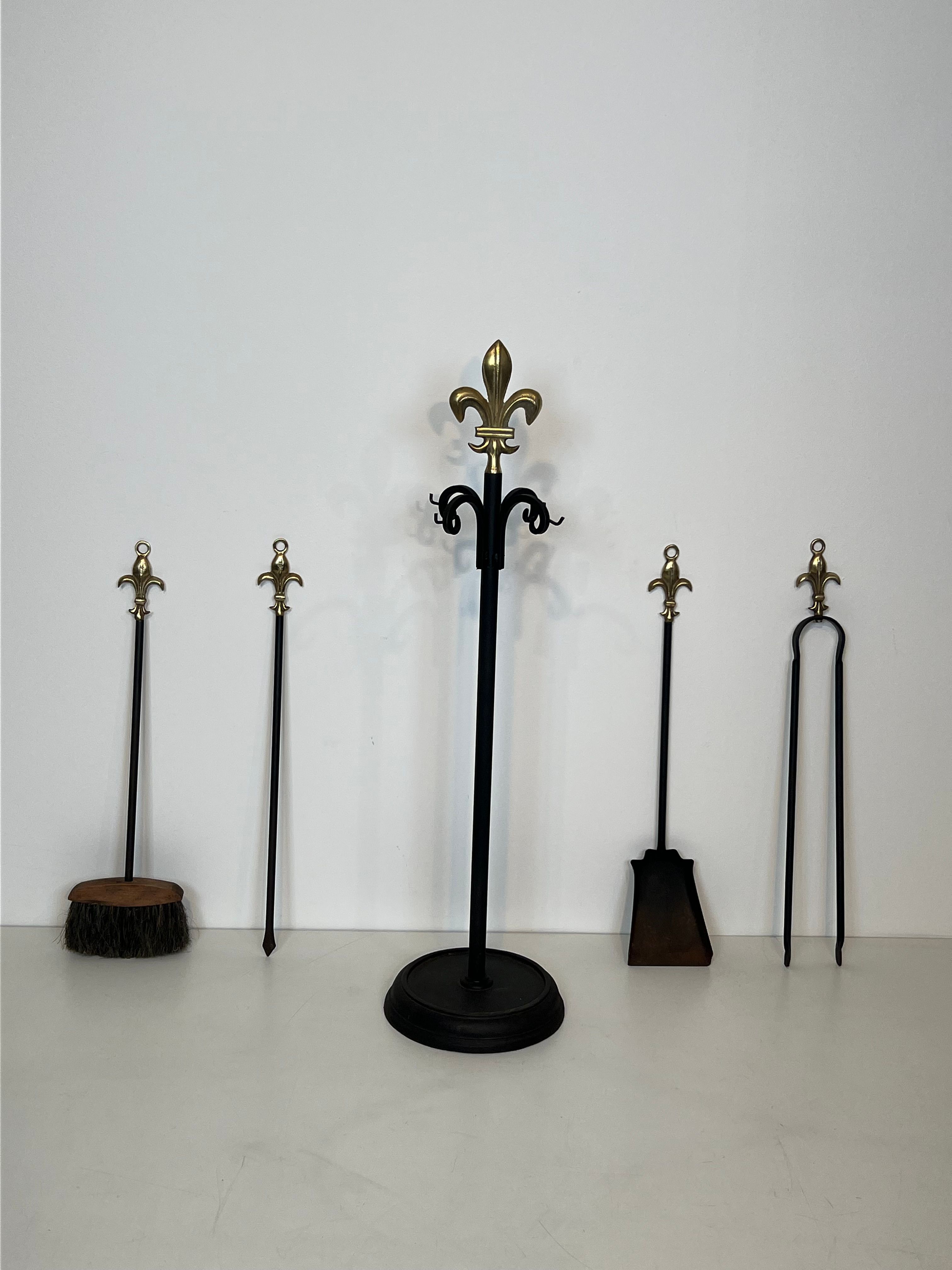 Neoclassical-style fire accessory in black lacquered metal and brass with fleur-de-lis.