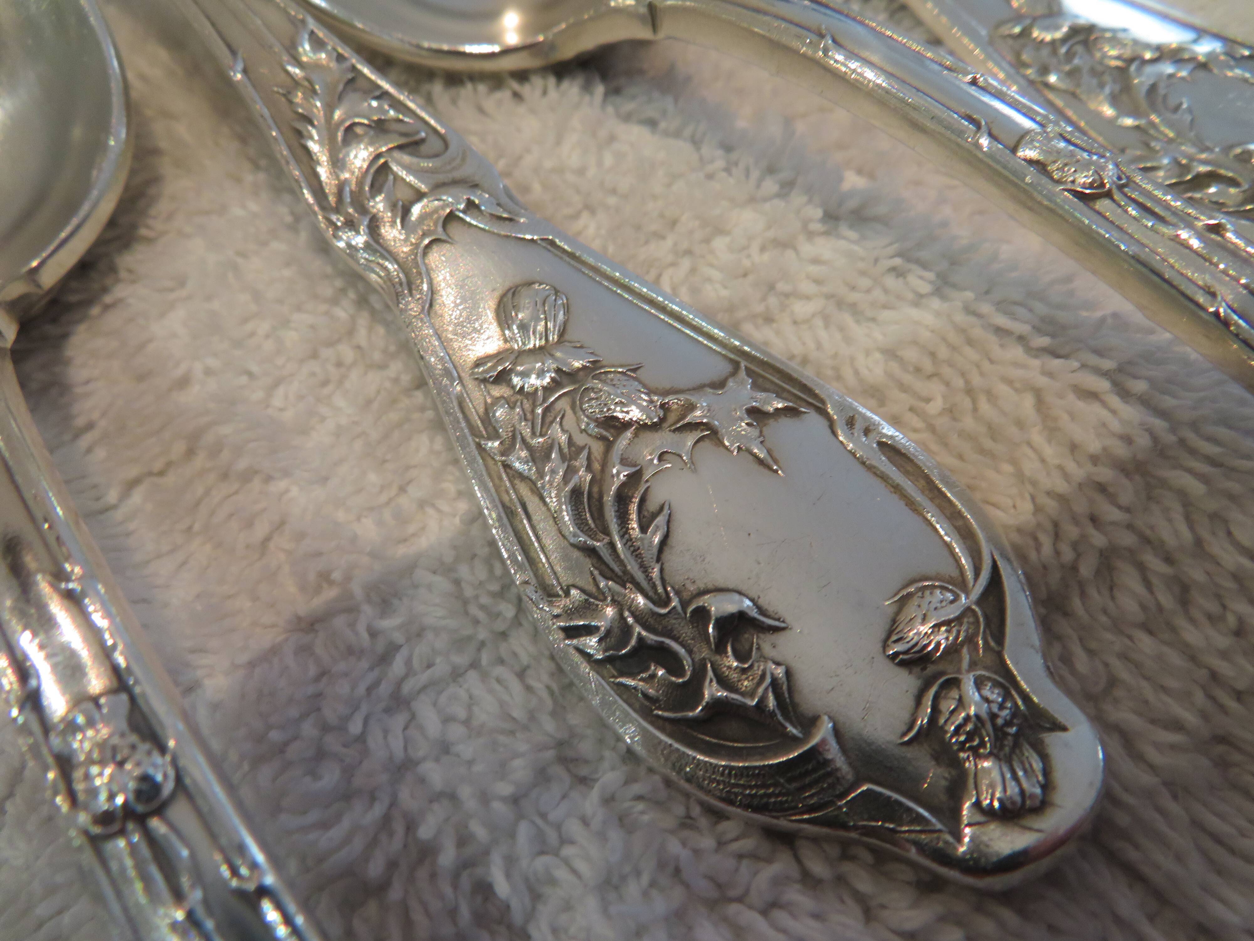 12 silver plated soup spoons by Boulenger, Art Nouveau Chardons