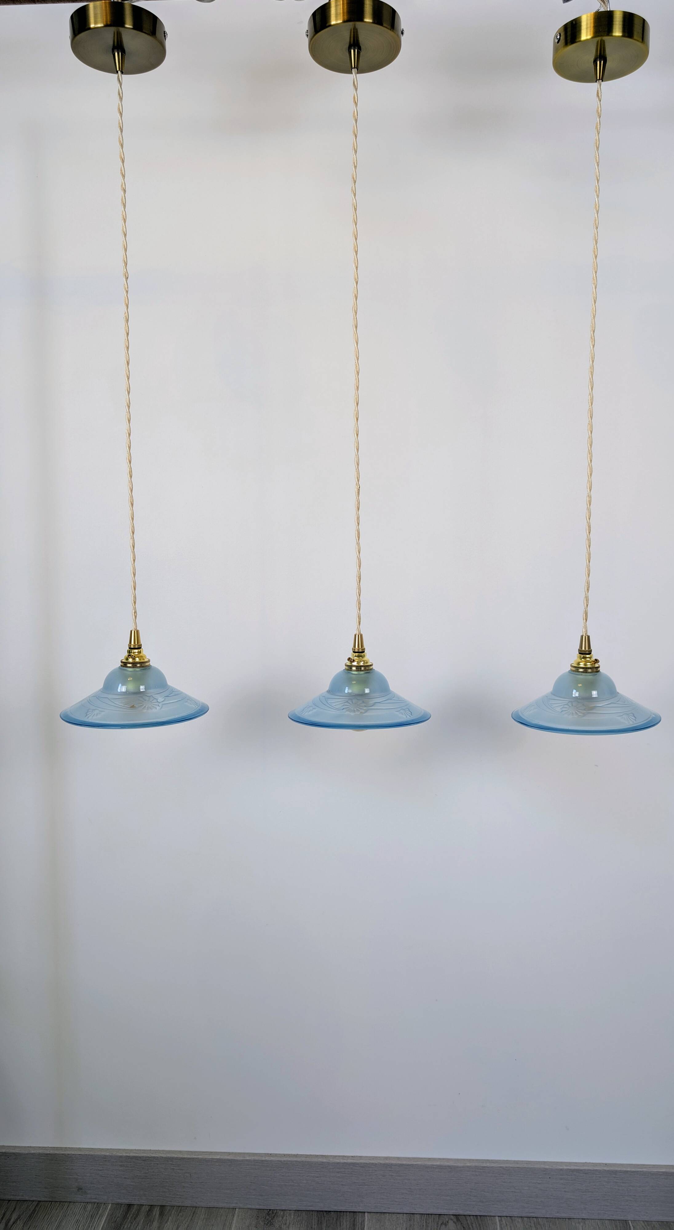 Art Deco blue glass pendant light, moulded glass shade — Ø19 cm — 3 available
