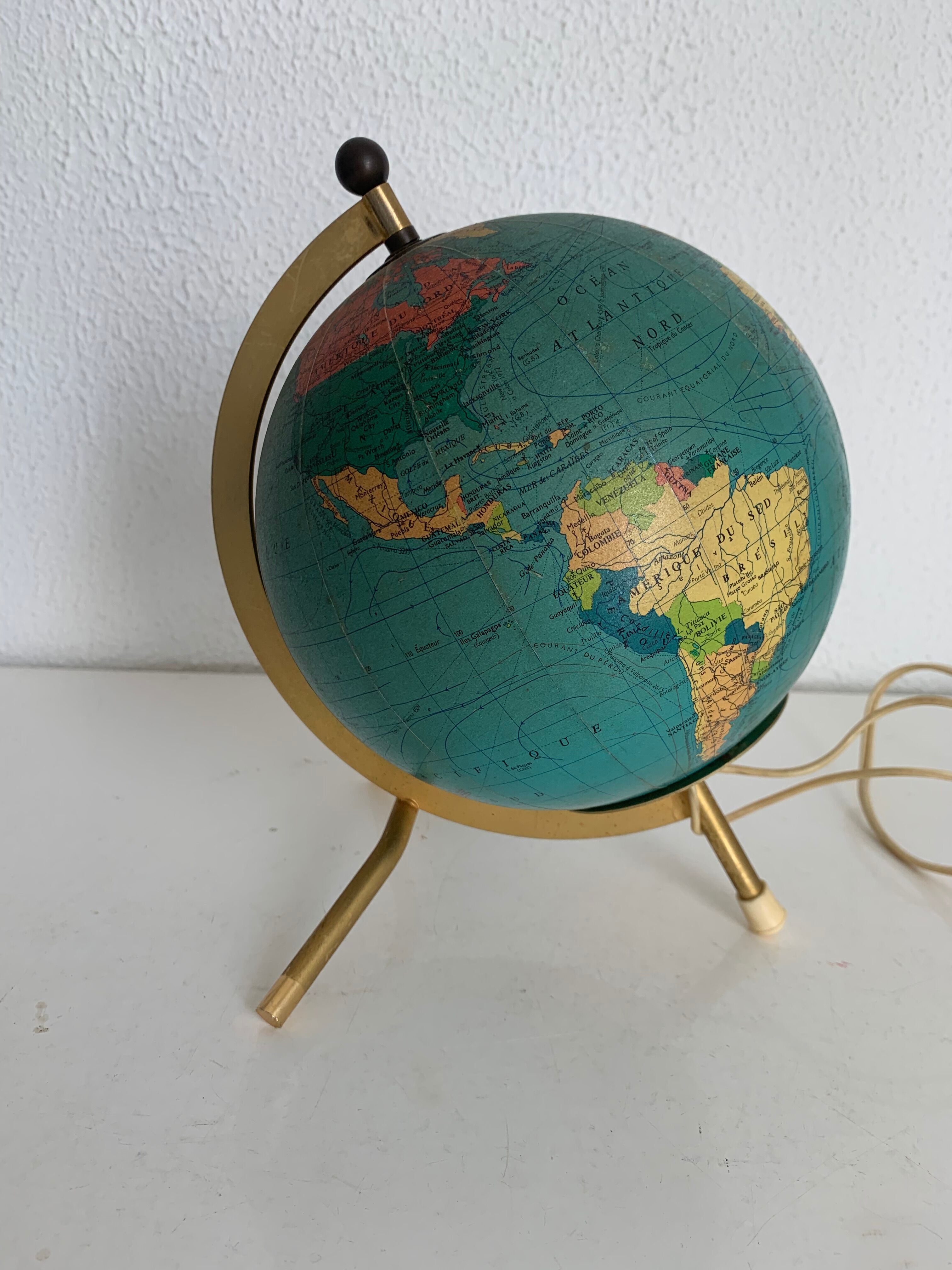 Globe vintage 1967 terrestre Taride tripode doré verre mappemonde - 22 cm