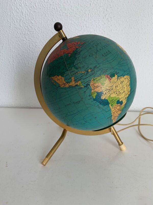 Globe vintage 1967 terrestre Taride tripode doré verre mappemonde - 22 cm