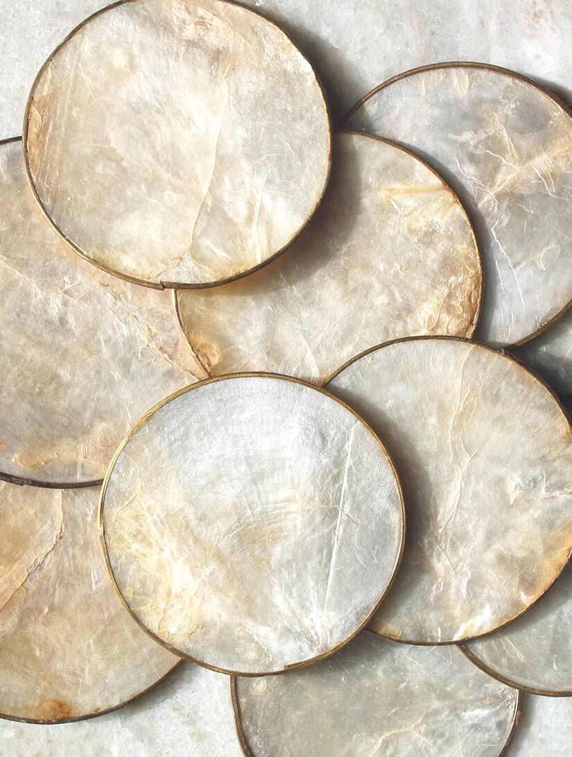 Set of 8 coasters & 3 mother-of-pearl bottle coasters