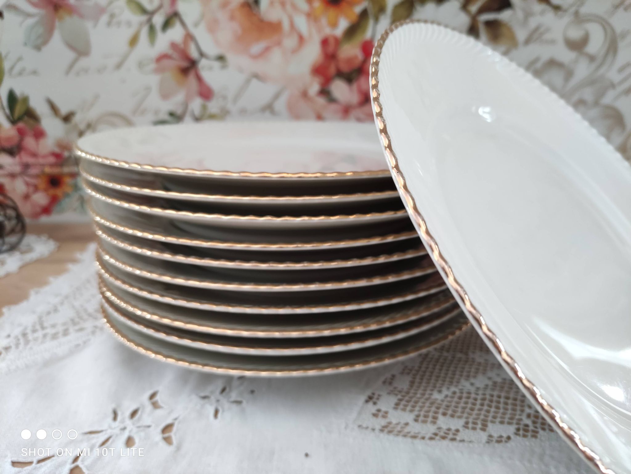 Set of 11 flat plates in porcelain Bavaria beige bordered gold model Jutta