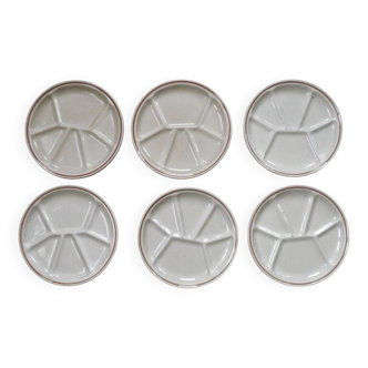 Set of 6 vintage french beige porcelain gien fondue plates 6 compartments