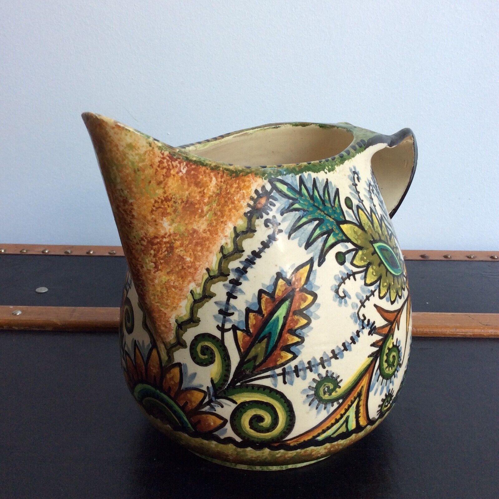 Pitcher Paul Fouillen Quimper faience floral decoration, French hand painted